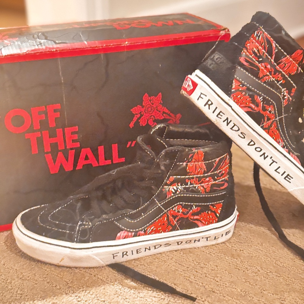 Stranger Things Vans Black and Red High-Top Sneakers with “Friends Don’t Lie”